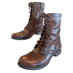 Steve Madden Troopa Brown Leather Lace Up Combat Boots Women’s 8M Side Zip EUC